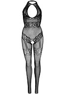 Elegantes Bodystocking, Netz, Strasssteine, offener Schritt, Schlüsselloch, Stockings-Imitation